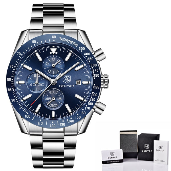 Steel Silver Blue B - BENYAR Men Watches Brand Luxury Silicone Strap Waterproof Sport Quartz Chronograph Military Watch Men Clock Relogio Masculino