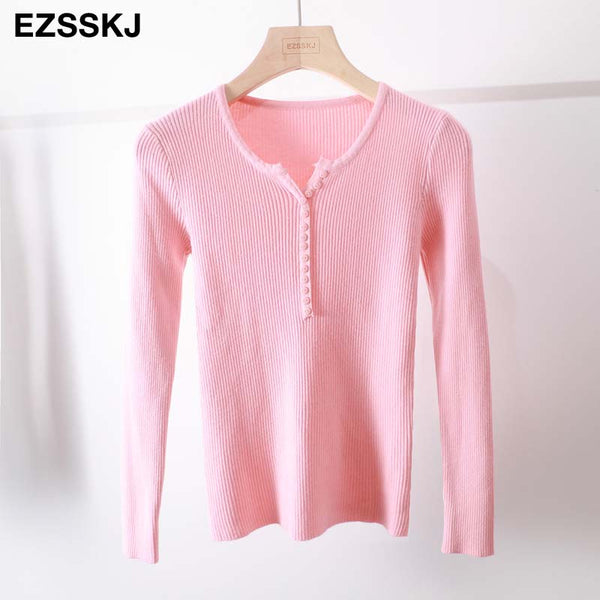 casual Autumn spring Basic Sweater pullovers Women v-neck Solid Knit Slim Pullover female Long Sleeve warm button Sweater