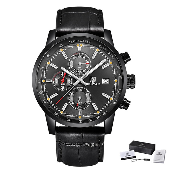 L Black Black Grey - BENYAR Fashion Chronograph Sport Mens Watches Top Brand Luxury Quartz Watch Reloj Hombre saat Clock Male hour relogio Masculino