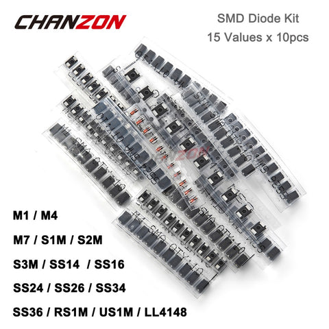 Default Title - 150pcs SMD Schottky Barrier Rectifier Diode Assortment Kit (M1 M4 M7 S1M S2M S3M SS14 SS16 SS24 SS26 SS34 SS36 RS1M US1M LL4148)