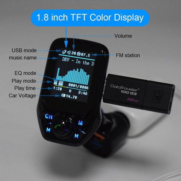 [variant_title] - AGETUNR T43 1.8" TFT Color Display Bluetooth Car Kit Handsfree Set 3 USB Port QC3.0 Quick Charge FM Transmitter MP3 Music Player