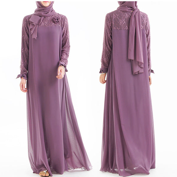 Purple / L - Flower Lace Bow Abaya Robe Dubai Muslim Hijab Dress Turkey Abayas For Women Qatar Kaftan Caftan Ramadan Elbise Islamic Clothing