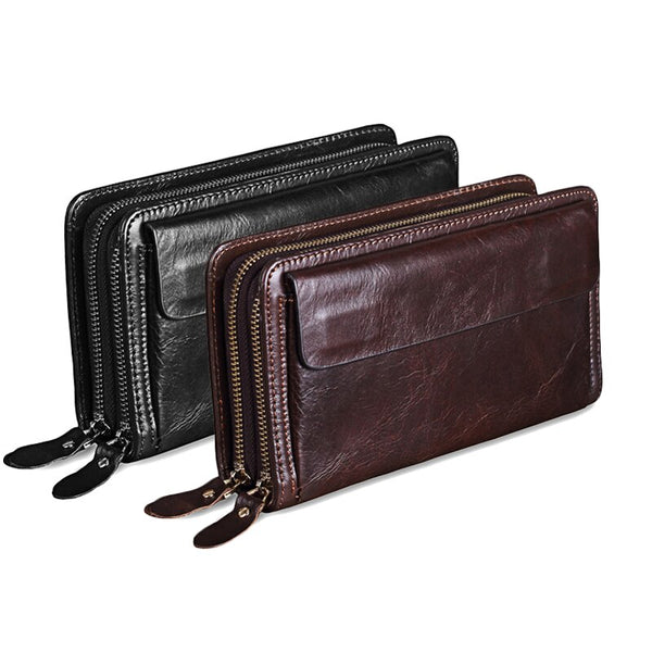 [variant_title] - MISFITS Cowhide Men Clutch Wallets Genuine Leather Long Purses Business Large Capacity Wallet Double Zipper Phone Bag For Male