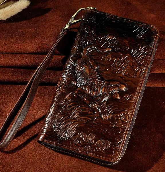 coffee tiger - Cattle Male Genuine leather Fashion Card Holder Checkbook Zipper Around Organizer Wallet Purse Design Clutch Handbag 1016