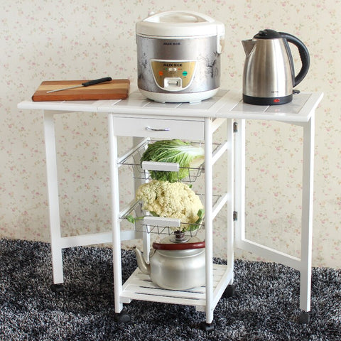 [variant_title] - Portable Folding Kitchen Rolling Tile Top Drop Leaf Storage Trolley Cart White