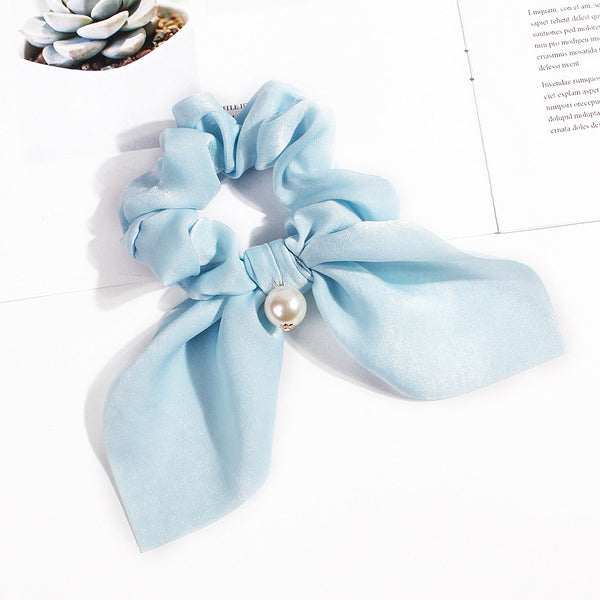 Pearl Blue - New Chiffon Bowknot Elastic Hair Bands For Women Girls Pearl Scrunchies Headband Hair Ties Ponytail Holder Hair Accessories