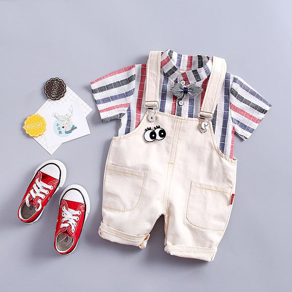 [variant_title] - Baby Boy Summer Clothes Set for Toddler Kids Clothing lattice Short Sleeve shirt + Bib pants Boy Suit 1 2 3 4 Years