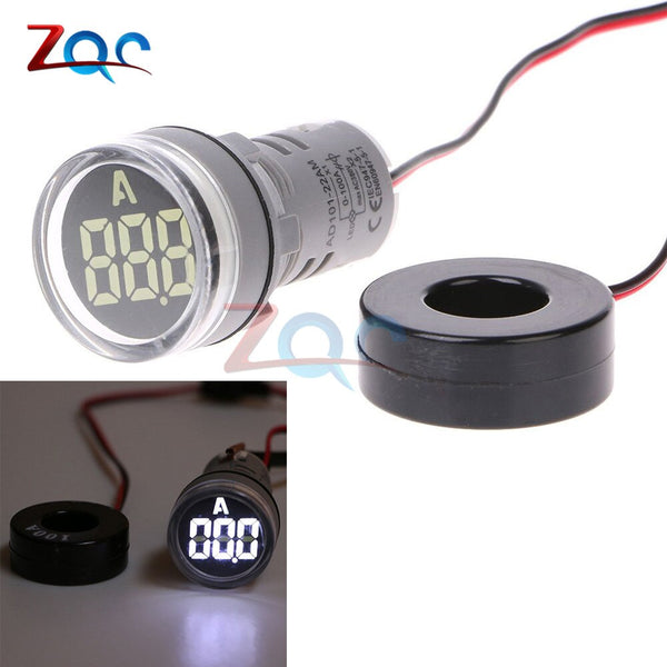 White - AC220V 0-100A 22mm Digital Display Ammeter Ampermeter Monitor Current Indicator Signal Light Tester Measuring Ampere Meter 220V
