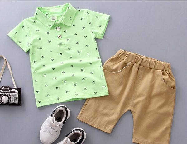 light green / 12M - Hot Small or Toddler Baby Clothing Sets  Short Sleeve Anchor Printing T-shirt+ Shorts Little Gentlemen Fashion 2pcs Sets Retail