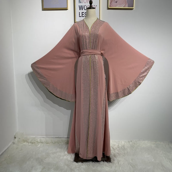 Pink / L - Luxurious Femme Kimono Kaftan Handstudded Robe Dubai Islam Muslim Hijab Dress Abayas Caftan Marocain Qatar Oman Turkey  Clothing