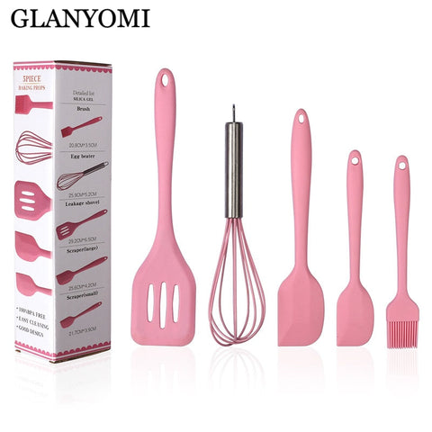 [variant_title] - 5Pcs/Set Pink or Red Silicone Cooking Tool Sets Egg Beater Spoon Spatula Oil Brush Kitchenware Kitchen Utensils Sets with Box