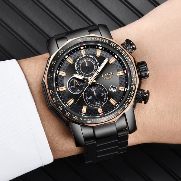 [variant_title] - Relogio Masculino LIGE New Sport Chronograph Mens Watches Top Brand Luxury Full Steel Quartz Clock Waterproof Big Dial Watch Men