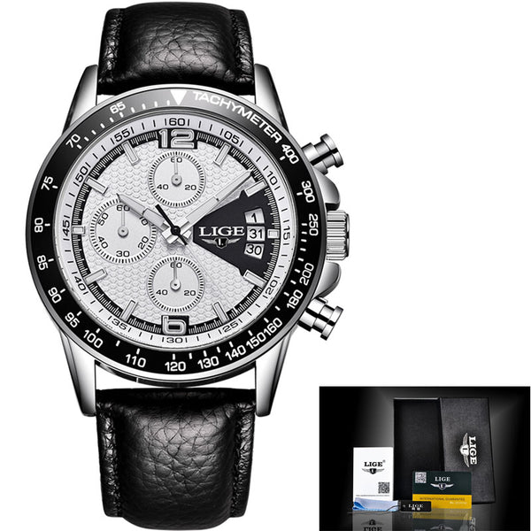 leather silver white - 2018 New LIGE Mens Watches Top Brand Luxury Stopwatch Sport waterproof Quartz Watch Man Fashion Business Clock relogio masculino