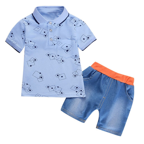 Blue / 12M - Toddler Kids Boy Set Summer Fashion Kids Outfit For Boy Print Short Sleeve Clothes + Short Pants 2pcs Cildren Clothes Set