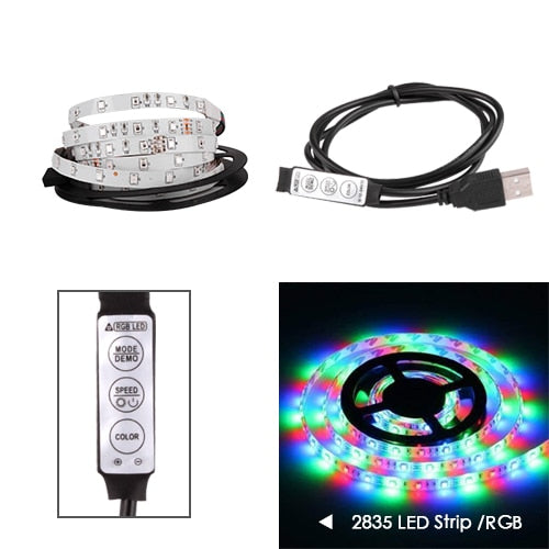 RGB with 3KEY / 0.5m - DC 5V LED Strip USB Cable Power Flexible Light Lamp 50CM 1M 2M 3M 4M 5M SMD 2835 Mini 3Key Desk Decor TV Background Lighting
