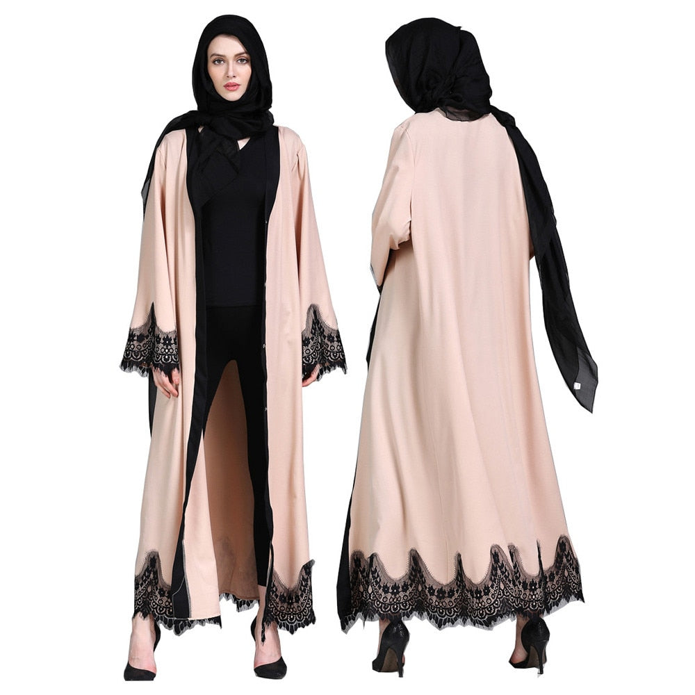 Beige / L - Abaya Femme Lace Kimono Kaftan Robe Islam Muslim Hijab Dress Abayas Caftan Marocain Qatar Oman Turkey Elbise Ramadan Clothing