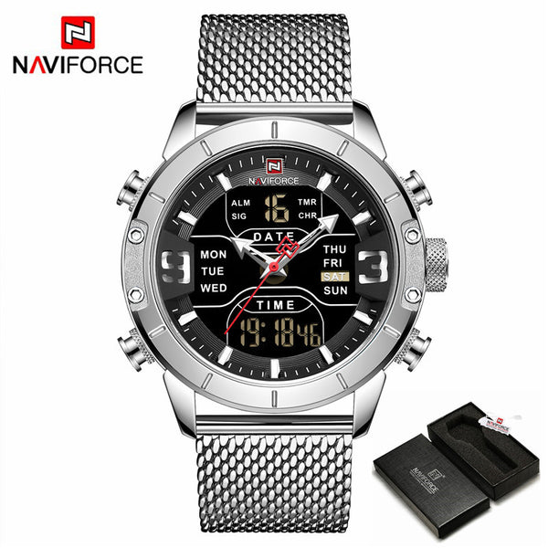 Silver Black -Box - NAVIFORCE Top Brand Luxury Watch Men Fashion Sports Quartz Watch Men Full Steel Waterproof LED Digital Watches Relogio Masculino