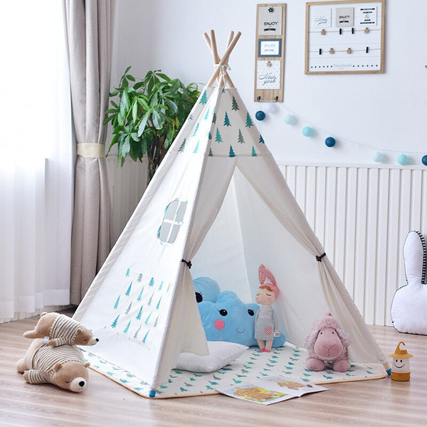 Mint Tree - Large Canvas Teepee Tent Kids Teepee Tipi with Grey Pom Poms Indian Play Tent House Children Tipi Tee Pee Tent NO MAT