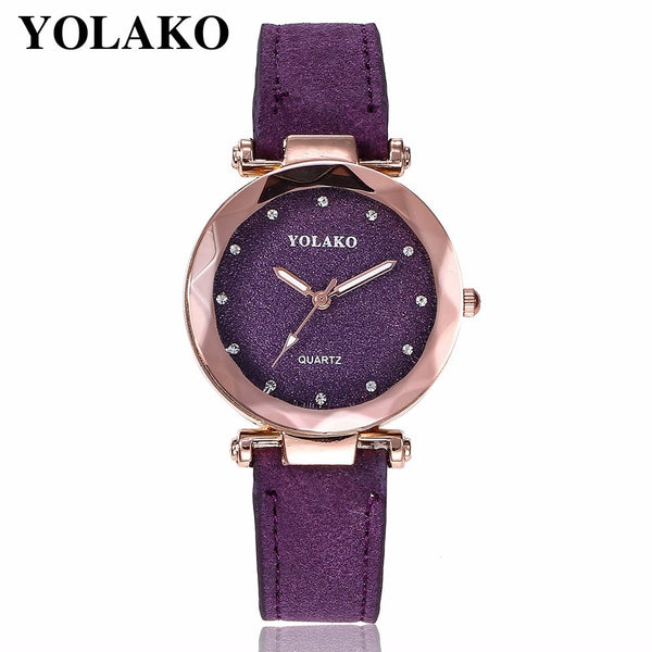purple - Dropshipping Women Romantic Starry Sky Wrist Watch Leather Rhinestone Designer Ladies Clock YOLAKO Brand Relogio Feminino