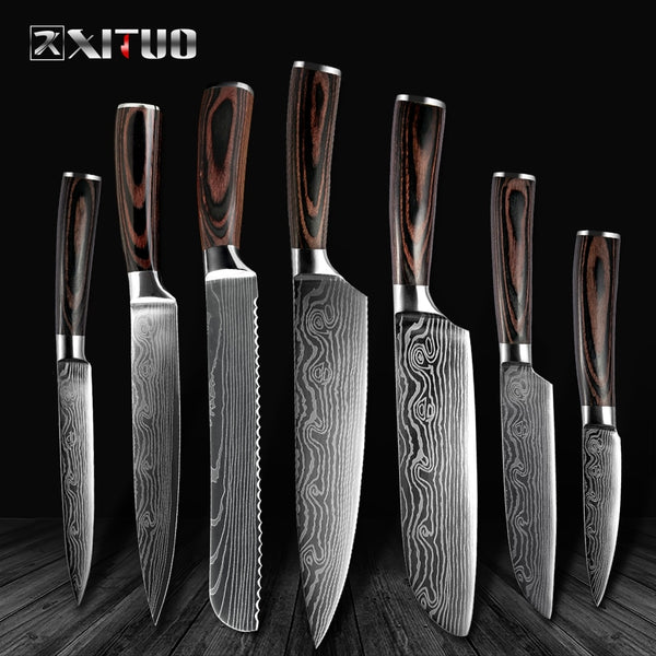 [variant_title] - High quality 8"inch Utility Chef Knives Imitation Damascus steel Santoku kitchen Knives Sharp Cleaver Slicing Knives Gift Knife