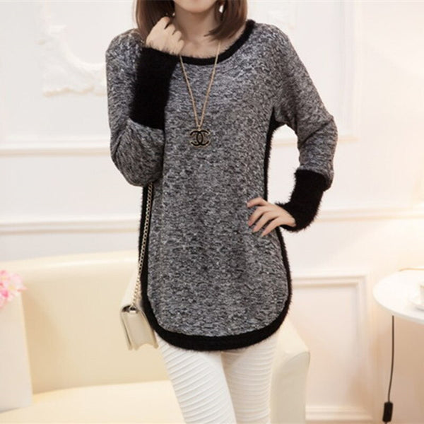 New Fashion Autumn  Brand Female Mohair Pullover Loose Sweater Knitted Long Sleeve O-neck Gray Pullovers Hot Sale Sweater