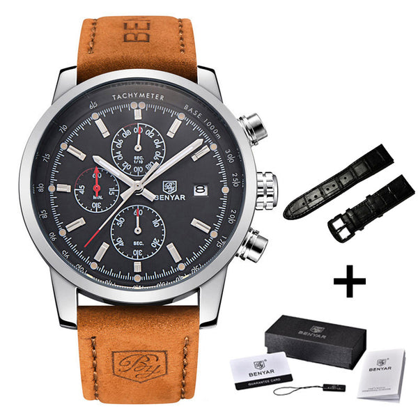 L silve Black strap - BENYAR Fashion Chronograph Sport Mens Watches Top Brand Luxury Quartz Watch Reloj Hombre saat Clock Male hour relogio Masculino