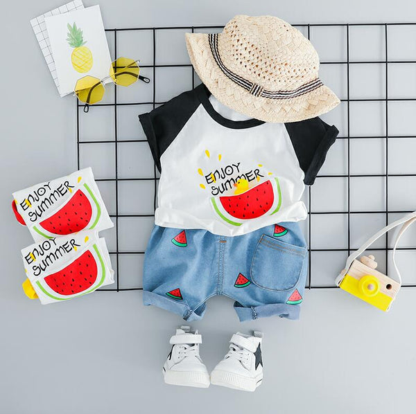 Black / 12M - HYLKIDHUOSE 2019 Summer Infant Clothes Suits Baby Girls Boys Clothing Sets Watermelon T Shirt Shorts Kids Children Costume