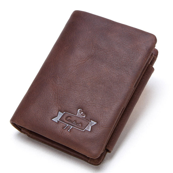 brown S - CONTACT'S Genuine Crazy Horse Leather Men Wallets Vintage Trifold Wallet Zip Coin Pocket Purse Cowhide Leather Wallet For Mens