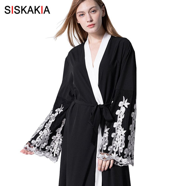 [variant_title] - Siskakia Fashion Muslim abaya formal Party Dinner Evening Cardigan robes Mesh Embroidery contrast color patchwork design tunics