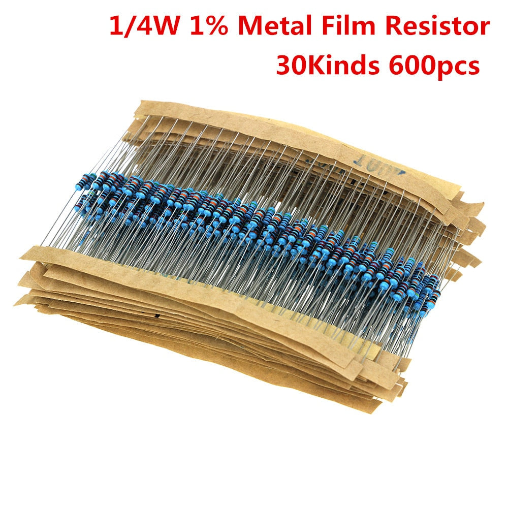 [variant_title] - 600pcs/set 30 Kinds 1/4W Resistance 1% Metal Film Resistor Pack Assorted Kit 1K 10K 100K 220ohm 1M Resistors 300pcs/set