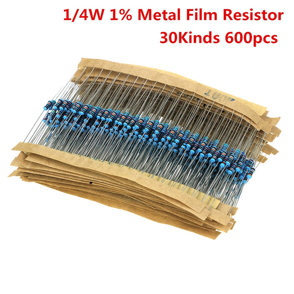 [variant_title] - 600pcs/set 30 Kinds 1/4W Resistance 1% Metal Film Resistor Pack Assorted Kit 1K 10K 100K 220ohm 1M Resistors 300pcs/set