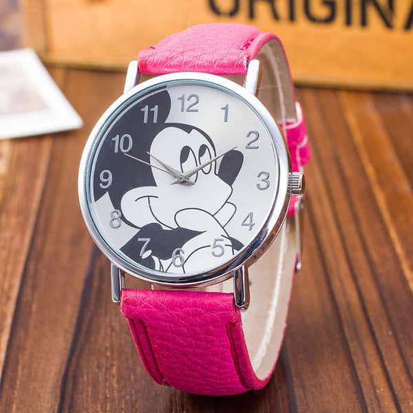 Rose red - New Women Watch Mickey Mouse Pattern Fashion Quartz Watches Casual Cartoon Leather Clock Girls Kids Wristwatch Relogio Feminino