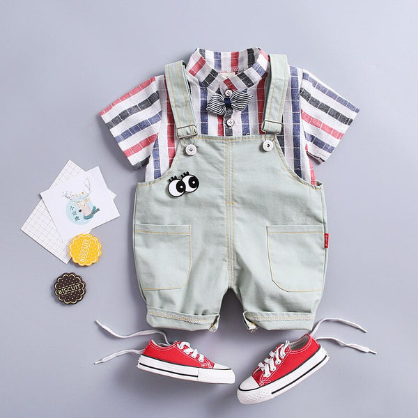 [variant_title] - Baby Boy Summer Clothes Set for Toddler Kids Clothing lattice Short Sleeve shirt + Bib pants Boy Suit 1 2 3 4 Years