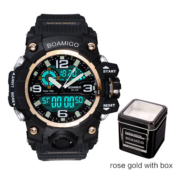 rose gold with box - Men Sports Watches BOAMIGO Brand Digital LED Orange Shock Swim Quartz Rubber Wristwatches Waterproof Clock Relogio Masculino