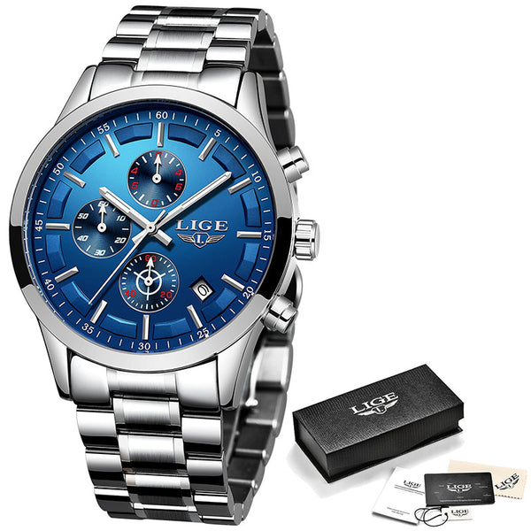 Silver Blue - LIGE Watch Men Top Brand Luxury Chronograph Male Sport Watch Quartz Clock Stainless Steel Waterproof Men Watch Relogio Masculino