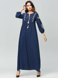Blue / L - Embroidery Cotton Linen Muslim Abaya Stitching Long Robe Long Sleeved Kimono Loose Ramadan Arabic Turkish Islamic Clothing Dress