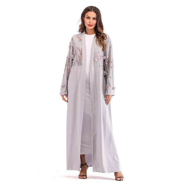 Gray / L - NEW Abaya Dubai Kaftan Arab Women Long Floral Muslim Kimono Cardigan Hijab Dress Turkish Elbise Mubarak Islamic Prayer Clothing