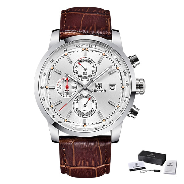 L Deep Brown White - BENYAR Fashion Chronograph Sport Mens Watches Top Brand Luxury Quartz Watch Reloj Hombre saat Clock Male hour relogio Masculino