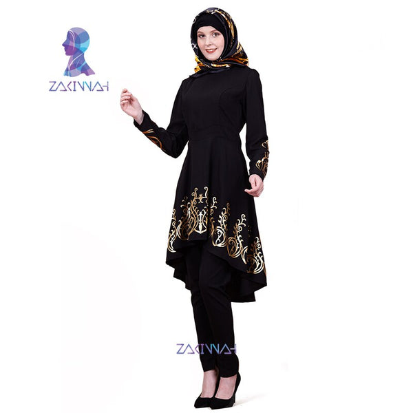 Black / L - ZK009 Fashion Muslim Solid color hot stamping top gilded Printing Women's clothing Middle East Ramadan Islamic Abaya