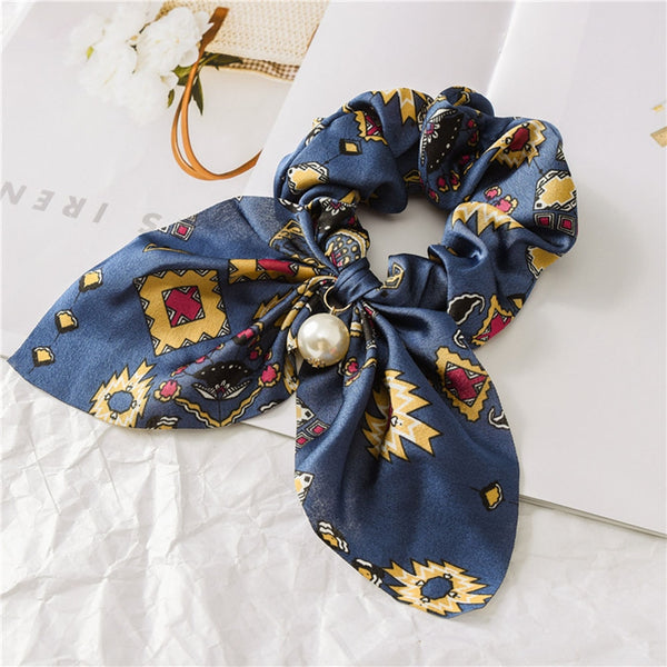 Navy Pearl 5 - New Chiffon Bowknot Elastic Hair Bands For Women Girls Pearl Scrunchies Headband Hair Ties Ponytail Holder Hair Accessories