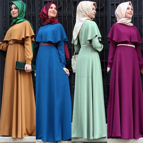[variant_title] - Woman Dubai Arabic Turkish Muslim Elegant Abaya Islamic Ruffle Long Sleeve Elbise Women Ramadan Kaftan Maxi Dress with Belt