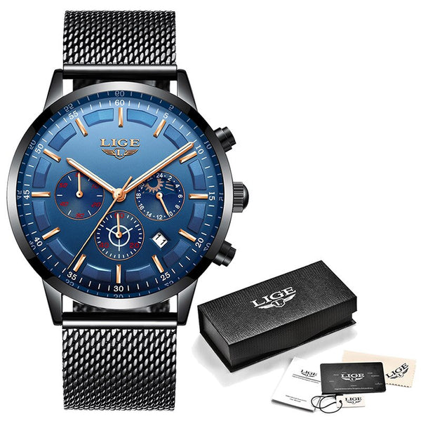 M Rose Gold Blue - LIGE Watch Men Top Brand Luxury Chronograph Male Sport Watch Quartz Clock Stainless Steel Waterproof Men Watch Relogio Masculino