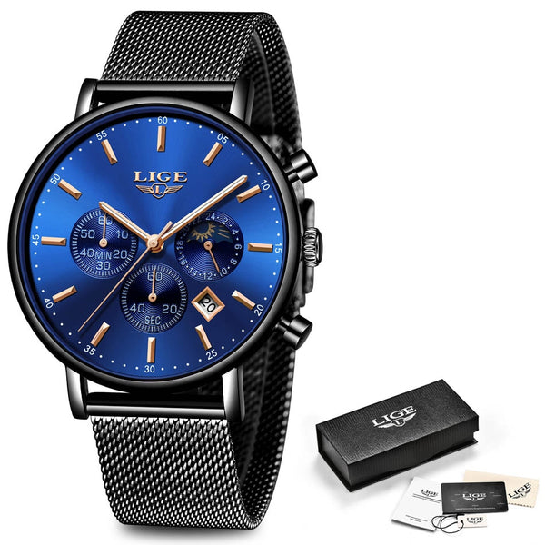 Blakc Rose Blue - LIGE Fashion Men Watches Male Top Brand Luxury Quartz Watch Men Casual Slim Dress Waterproof Sport WristWatch Relogio Masculino