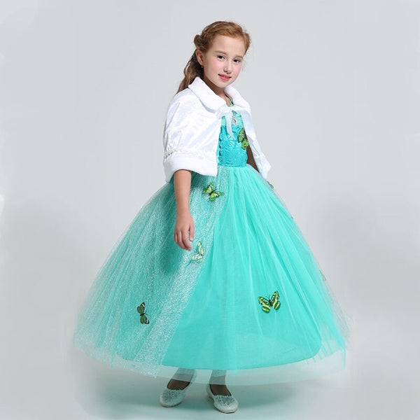 [variant_title] - Summer style long dress light green butterfly dew shoulder net yarn cartoon characters princess dress  off shoulder girl's  suit