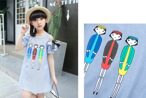 [variant_title] - Girls Blue Striped Dress Children Summer Off the Shoulder Cartoon Characters Printed A-Line Party Dress Kids Casual Dress