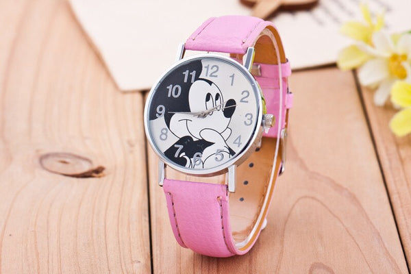 powder - New Women Watch Mickey Mouse Pattern Fashion Quartz Watches Casual Cartoon Leather Clock Girls Kids Wristwatch Relogio Feminino
