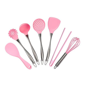 7pcs - Pink Silicone Cooking Tools Stainless Steel Handle Kitchenware Dinnerware Tableware Heat Resistant Kitchen Utensils Accessories