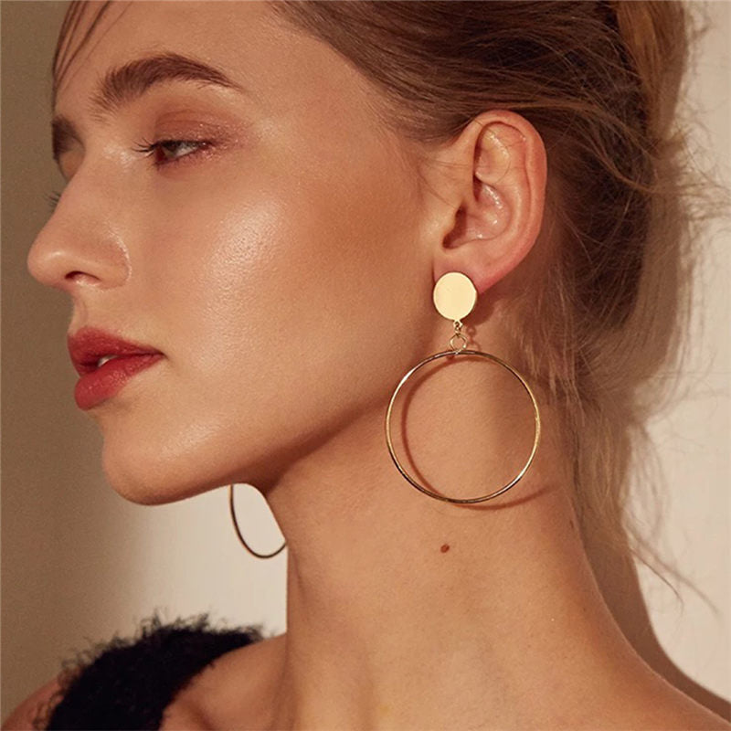 [variant_title] - Simple fashion gold color Silver plated geometric big round earrings for women fashion big hollow drop earrings jewelry