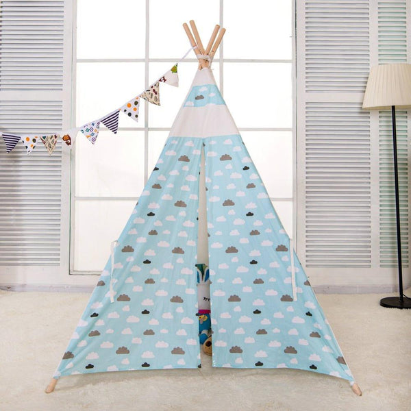 Blue Clouds - Large Canvas Teepee Tent Kids Teepee Tipi with Grey Pom Poms Indian Play Tent House Children Tipi Tee Pee Tent NO MAT
