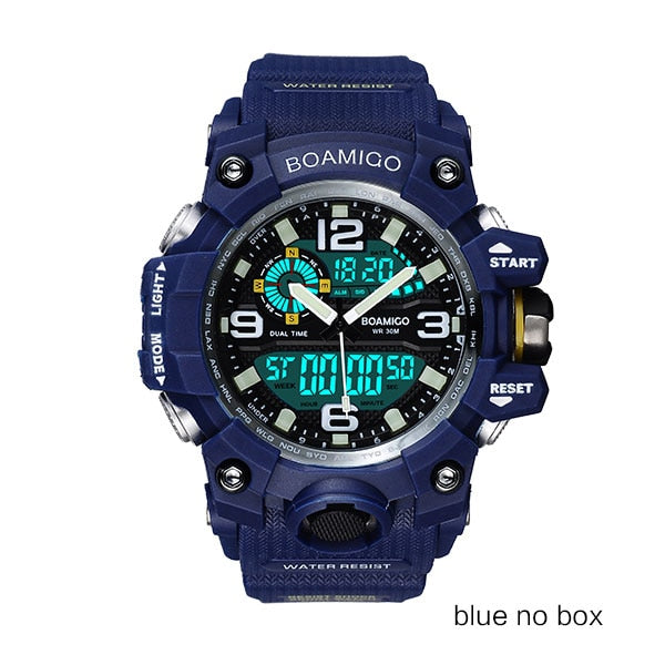blue no box - Men Sports Watches BOAMIGO Brand Digital LED Orange Shock Swim Quartz Rubber Wristwatches Waterproof Clock Relogio Masculino